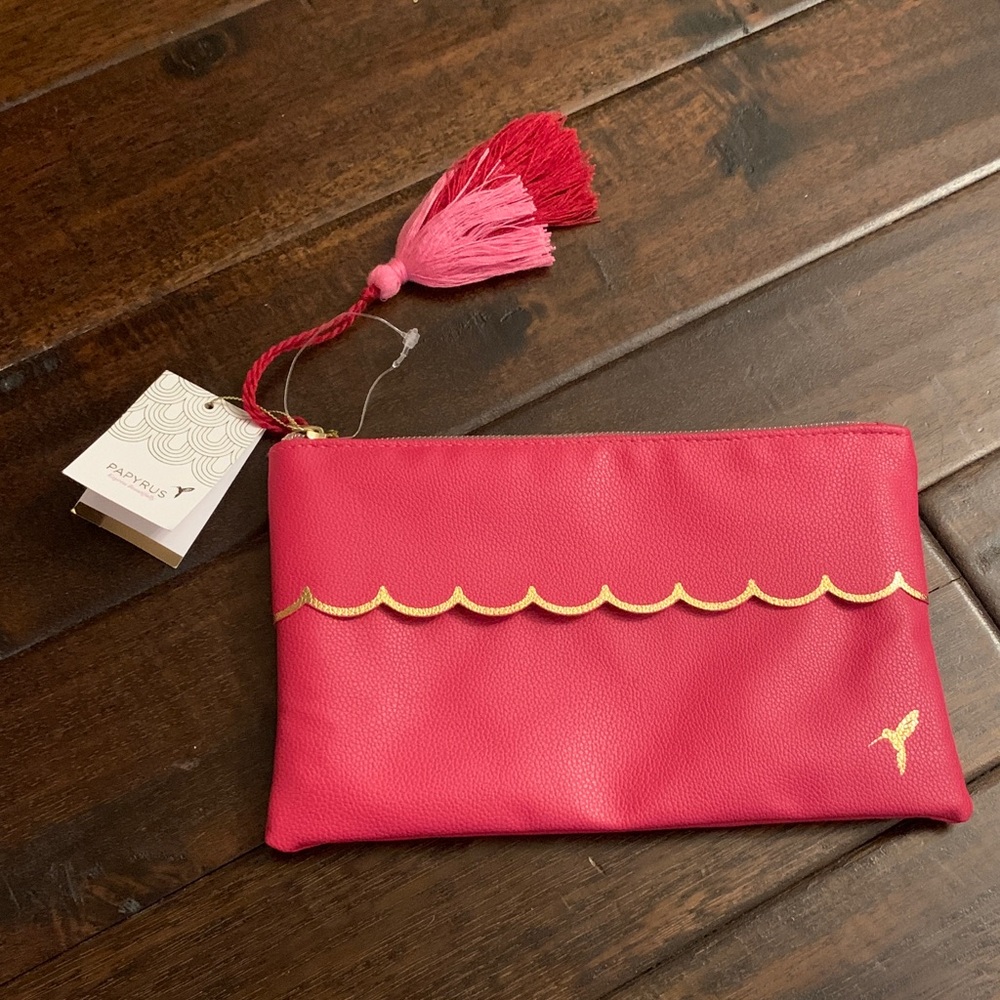 Papyrus Vibrant Pink Pen Pouch with Elegant Gold Accents and tassels NWT